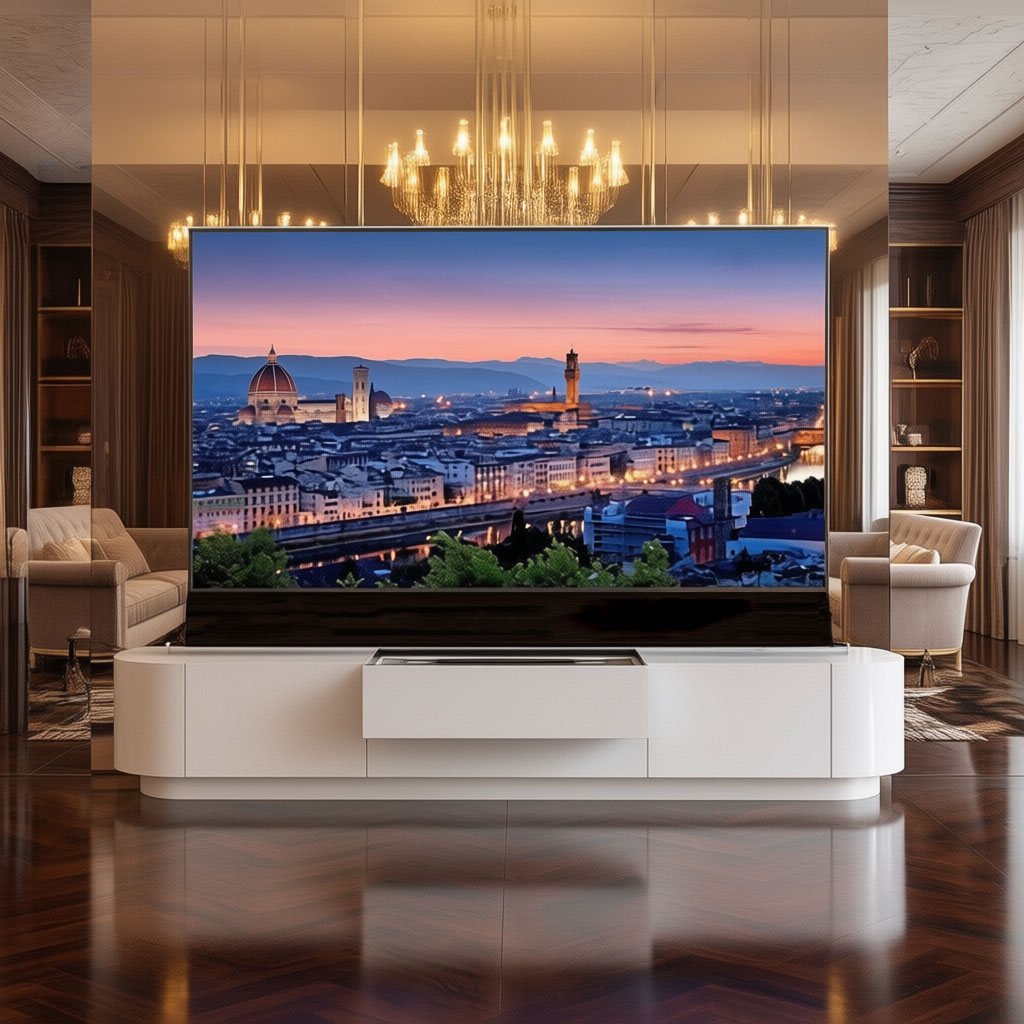 VIVIDSTORM Florence motorised laser TV cabinet in white in a living room with the screen raised